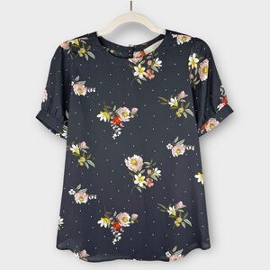 LOFT Gray Floral Polka Dot Short Sleeve Blouse SP Petite Button Back Summer Chic